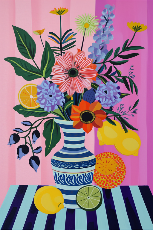 Vibrant Still Life: Flowers, Lemons, and Stripes