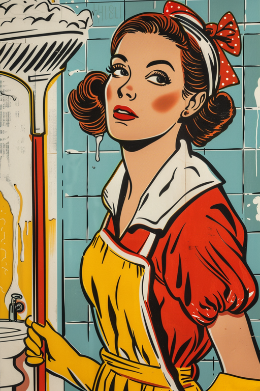 Retro Housewife with Mop in Pop Art Style