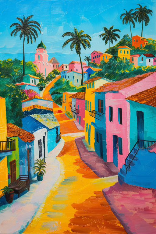 Vibrant Tropical Village Street Painting