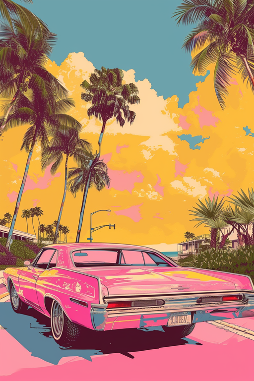 Retro Pink Car and Palm Trees Under a Vibrant Sky
