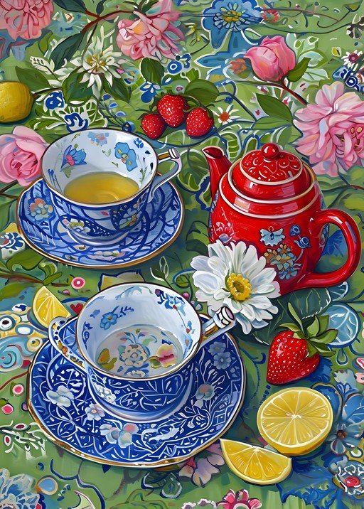 Floral Tea Set with Strawberries and Lemons