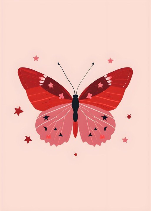 Whimsical Red and Pink Butterfly with Stars