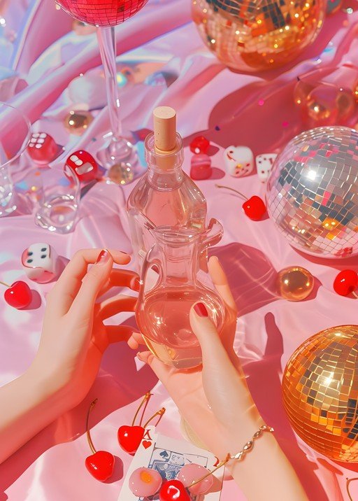 Pink Party Scene with Disco Balls and Cherries