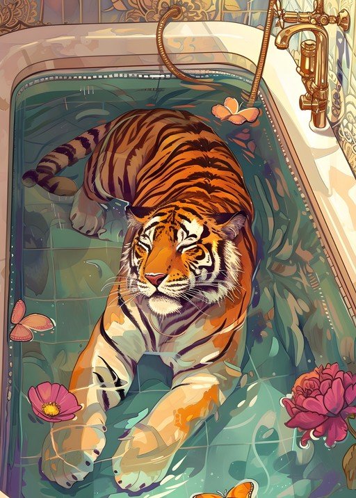 Tiger Relaxing in a Bathtub with Flowers and Butterflies