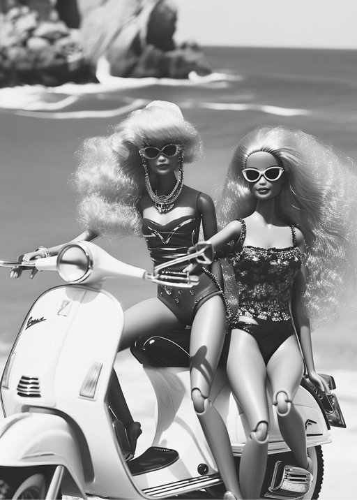 Two Fashion Dolls on a Scooter at the Beach