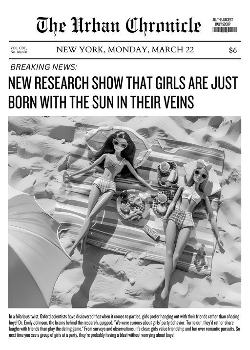 Barbie Dolls on Beach Blanket: A Humorous Newspaper Headline