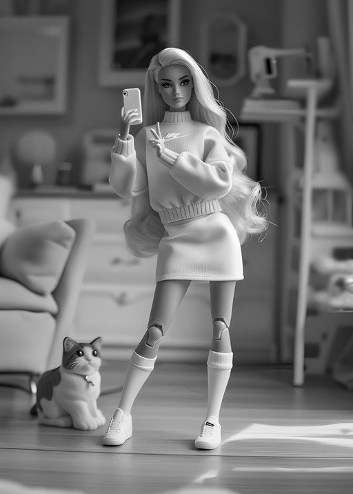 Fashion Doll Takes Selfie with Cat in Modern Room