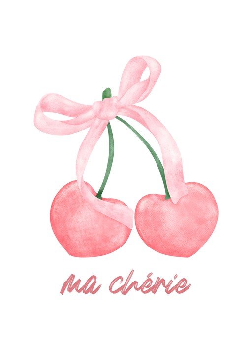Pink Cherries with Ribbon and French Text