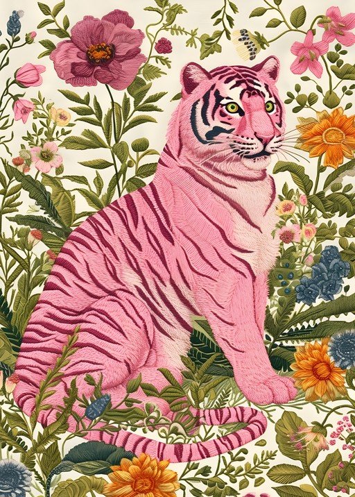 Pink Tiger Amidst Embroidered Floral Garden