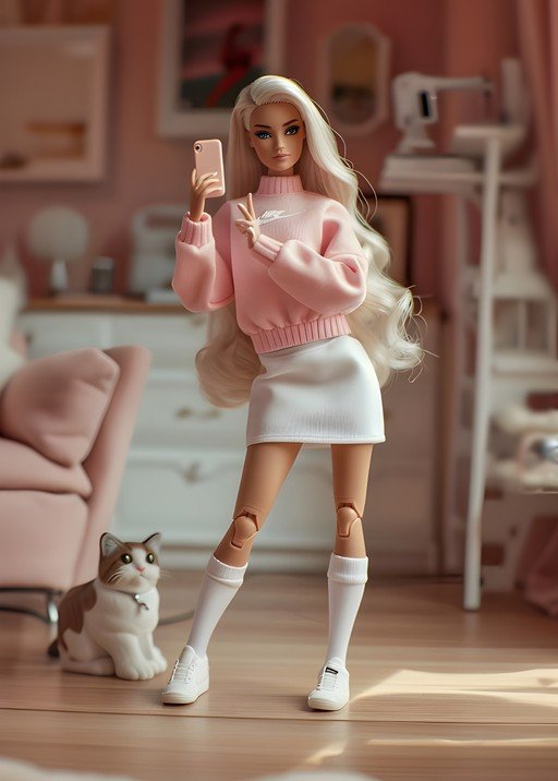 Fashion Doll Takes Selfie with Cat in Pink Room