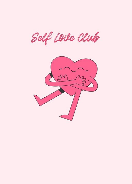 Heart Character Hugging Itself with "Self Love Club" Text