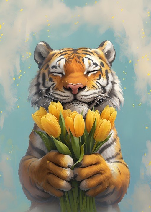 Tiger Holding Yellow Tulips