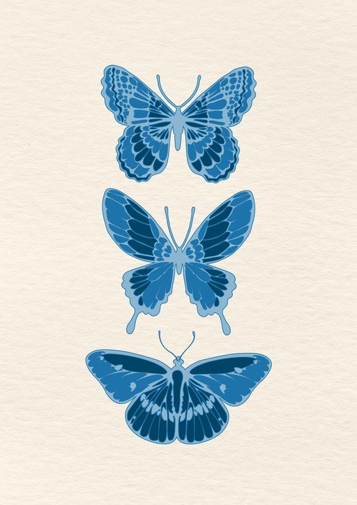 Three Blue Butterflies on Cream Background
