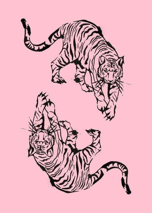 Two Tigers in Dynamic Poses on Pink Background