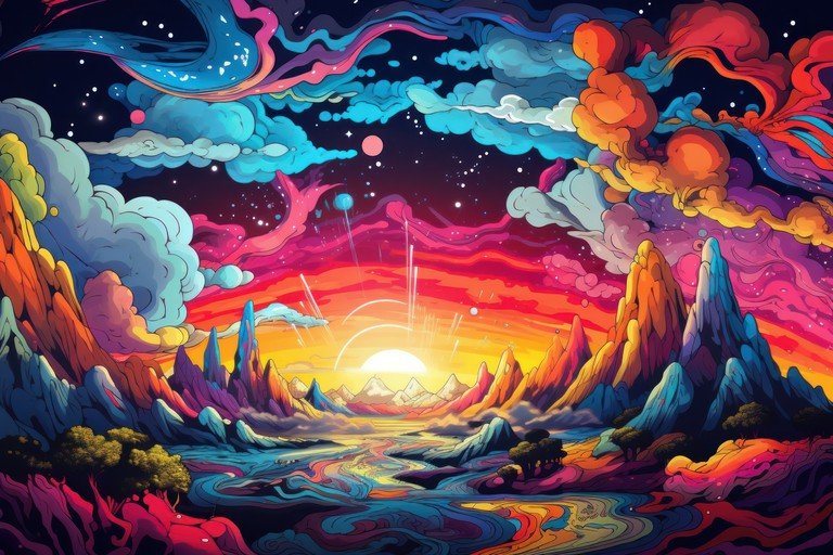 Psychedelic Mountain Landscape at Sunset