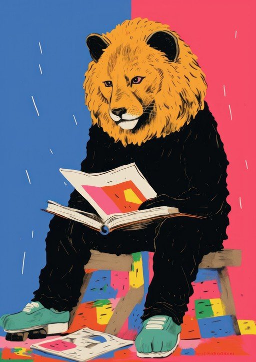 Lion Reading Book on Colorful Stool