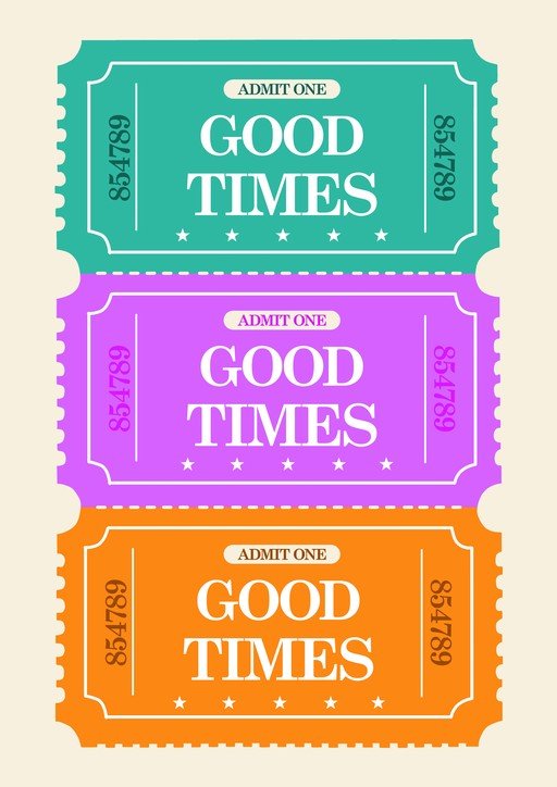 Retro "Good Times" Admission Tickets in Teal, Purple, and Orange