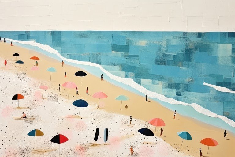 Vibrant Beach Scene with Colorful Umbrellas and People