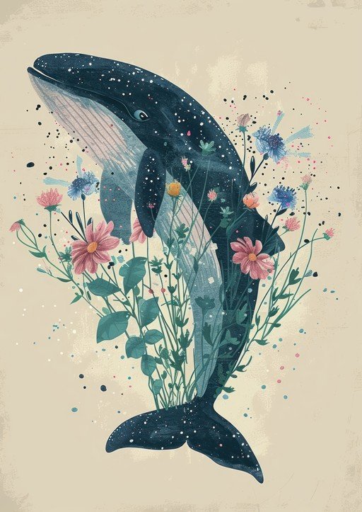Whale and Flowers Illustration