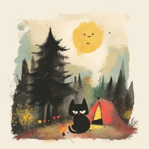 Black Cat Camping in Forest with Tent and Campfire