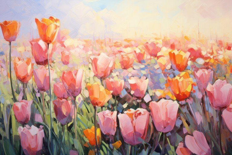 Impressionist Field of Pink and Orange Tulips