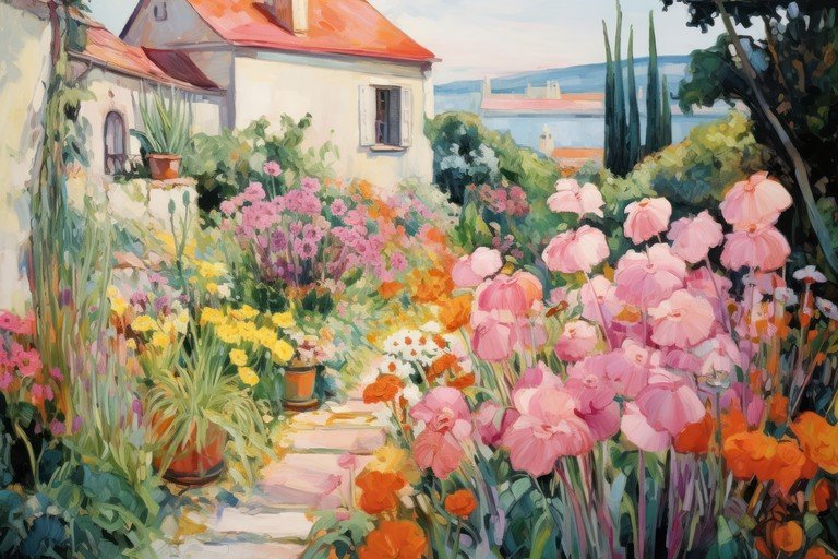 Vibrant Garden Scene with Mediterranean Villa