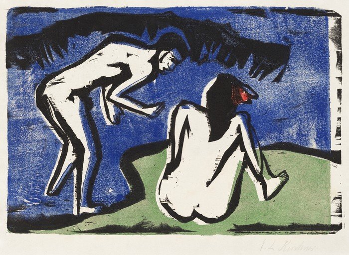 Expressionist Woodcut of Two Nude Figures in a Landscape