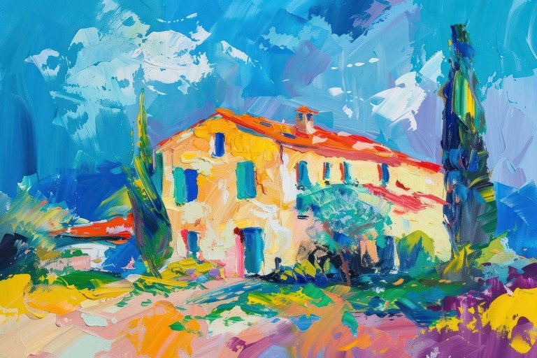 Impressionist Painting of a Tuscan Villa with Cypress Trees