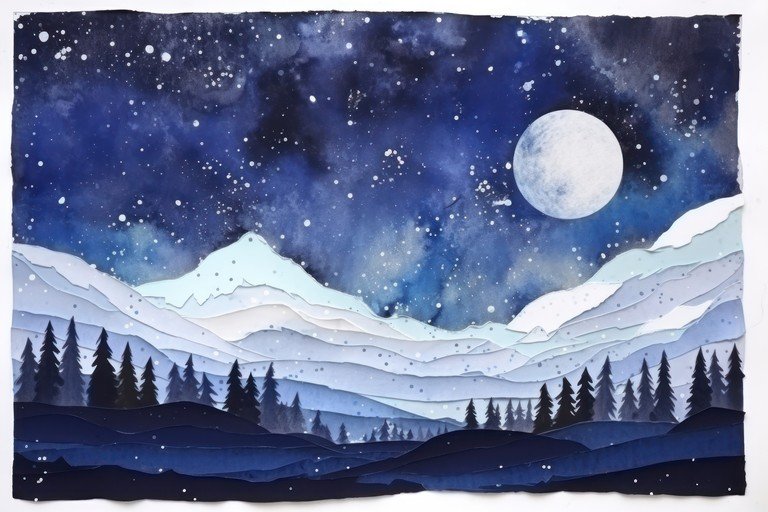 Winter Night Landscape with Moon and Stars