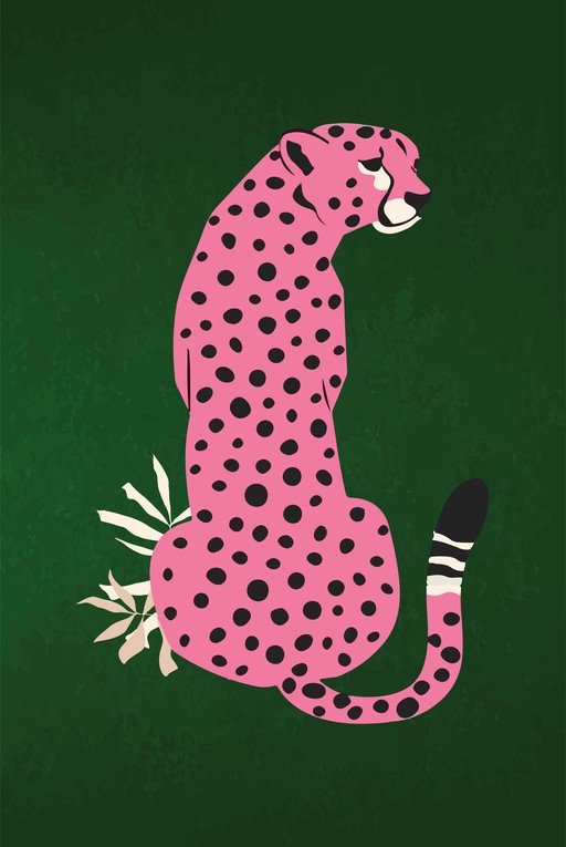 Pink Cheetah with Black Spots on Green Background