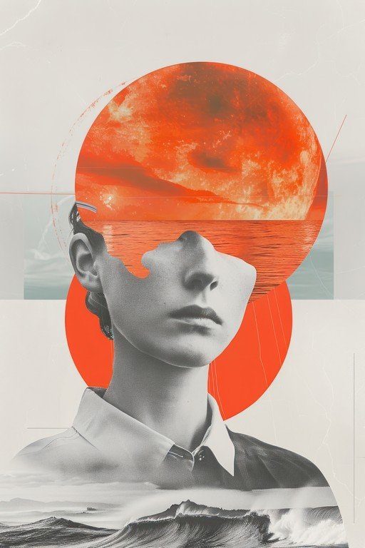 Surreal Portrait with Fiery Sun and Ocean Waves
