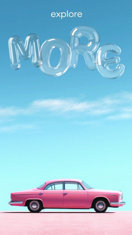 Pink Vintage Car and "Explore More" Text