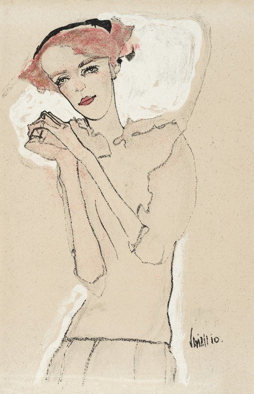 Sketch of a Woman with Red Hair and Clasped Hands