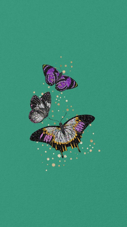 Three Glittering Butterflies on Teal Background