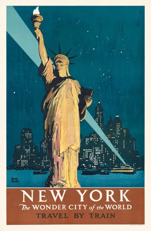 New York Travel Poster: Statue of Liberty and City Skyline