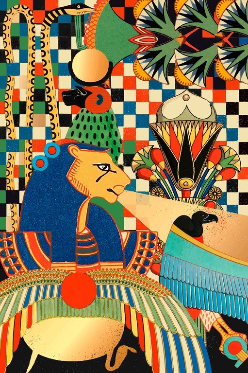 Vibrant Egyptian Art with Mythological Figures and Symbols