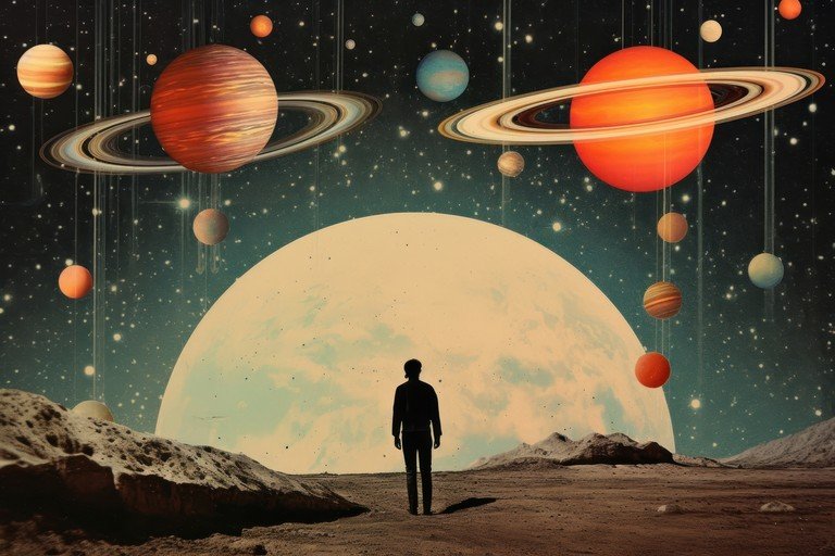 Man Gazes at Planets in Cosmic Landscape