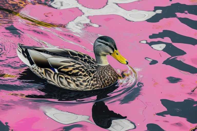 Mallard Duck Swimming in Pink Water