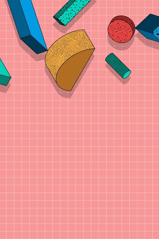 Retro Geometric Shapes on Pink Grid Background