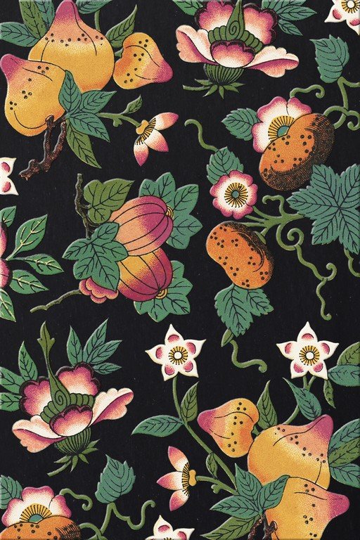 Vintage Floral and Fruit Pattern on Black Background