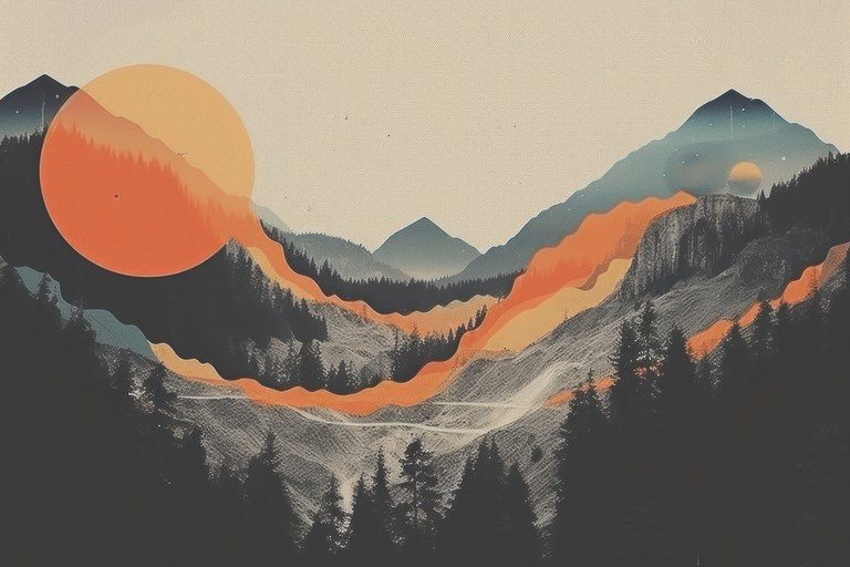 Abstract Mountain Landscape with Sun and Forest