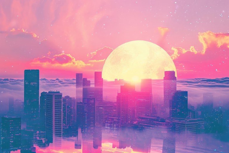 Dreamy Cityscape with Giant Moon and Pink Sky
