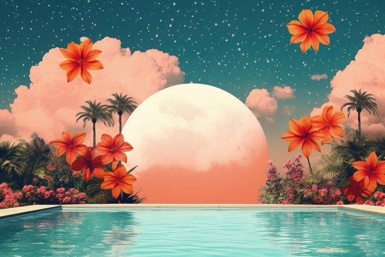 Surreal Tropical Paradise with Pool and Giant Moon