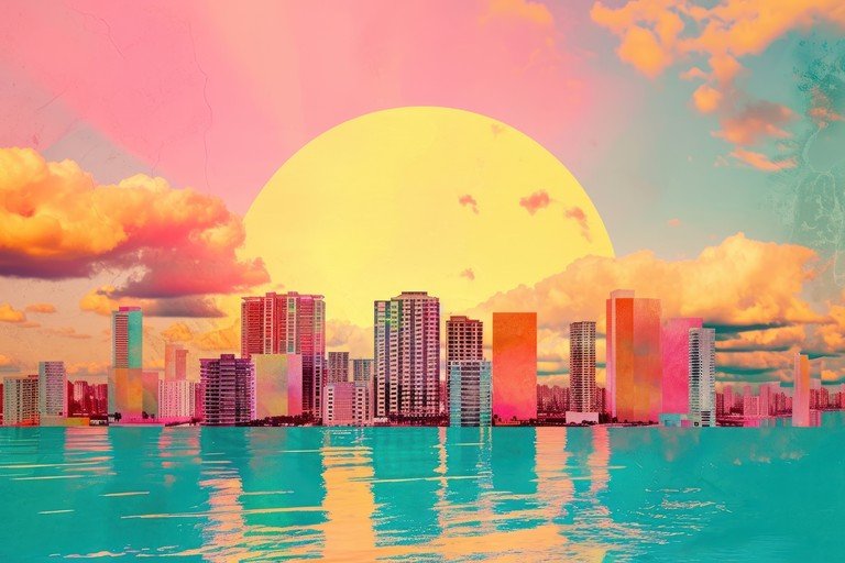 Retro-futuristic Cityscape with Vibrant Sunset
