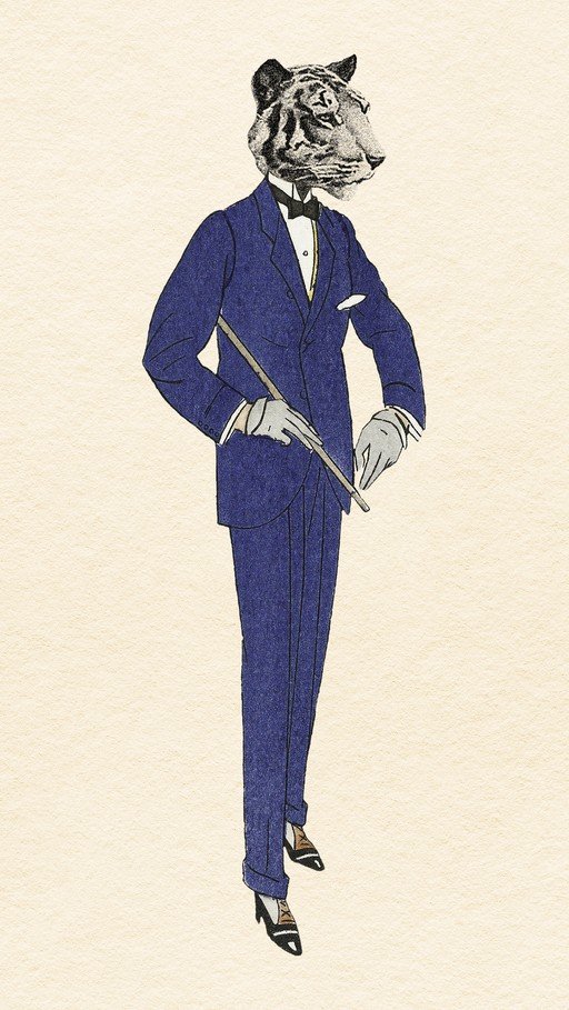 Tiger in a Blue Suit Holding a Cane