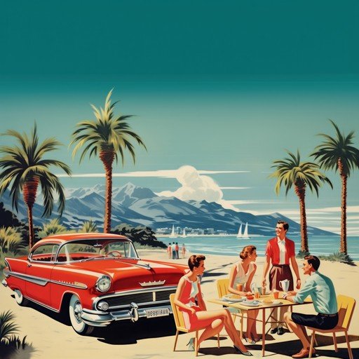 Retro Beach Vacation Scene with Classic Car and People