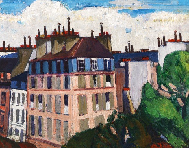 Impressionist Painting of Parisian Rooftops and Buildings