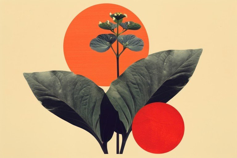 Collage of Tropical Leaves and Abstract Circles