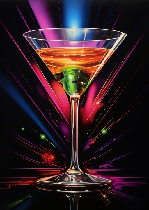 Vibrant Martini Glass with Neon Light Streaks