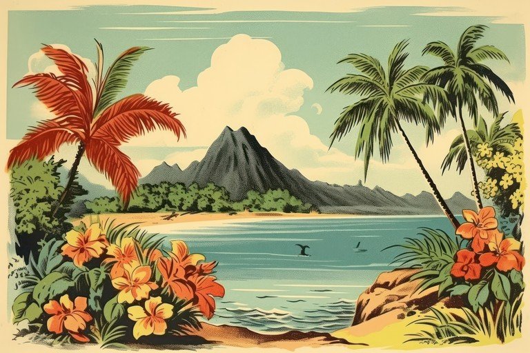 Tropical Island Paradise with Volcano and Palm Trees